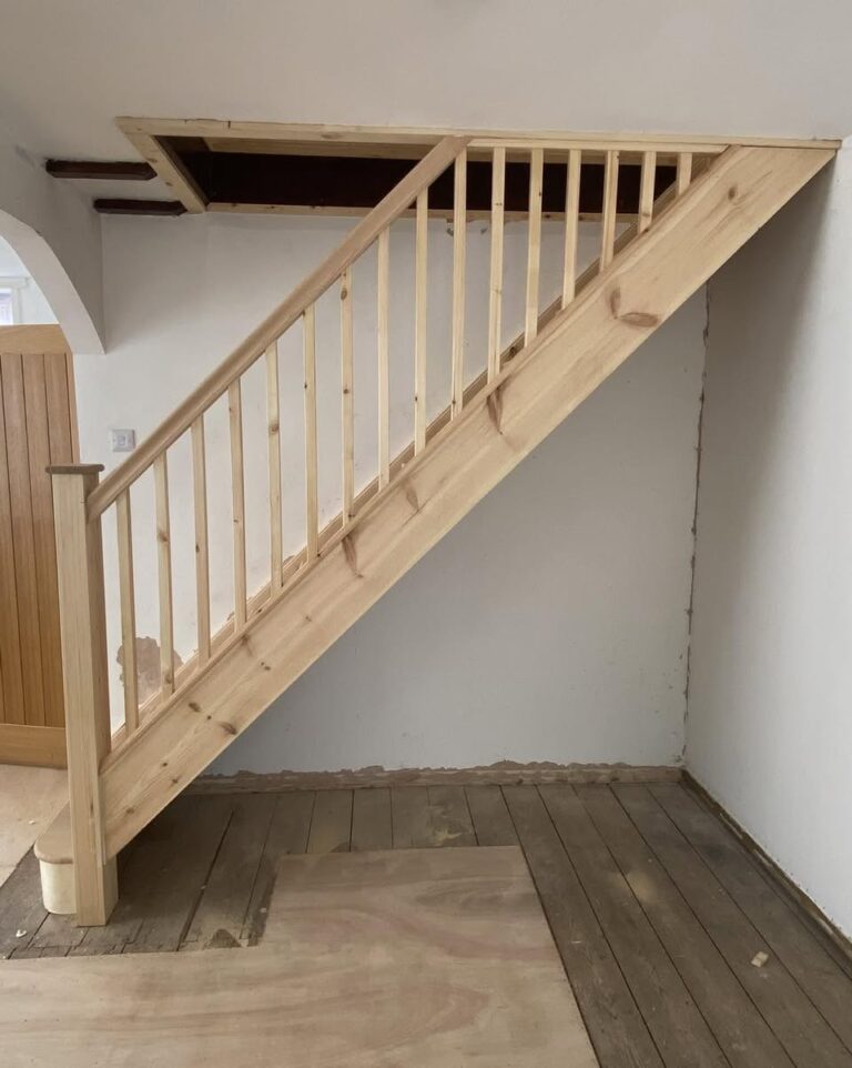 New pine staircase with spindles and handrail installed by GT Joinery